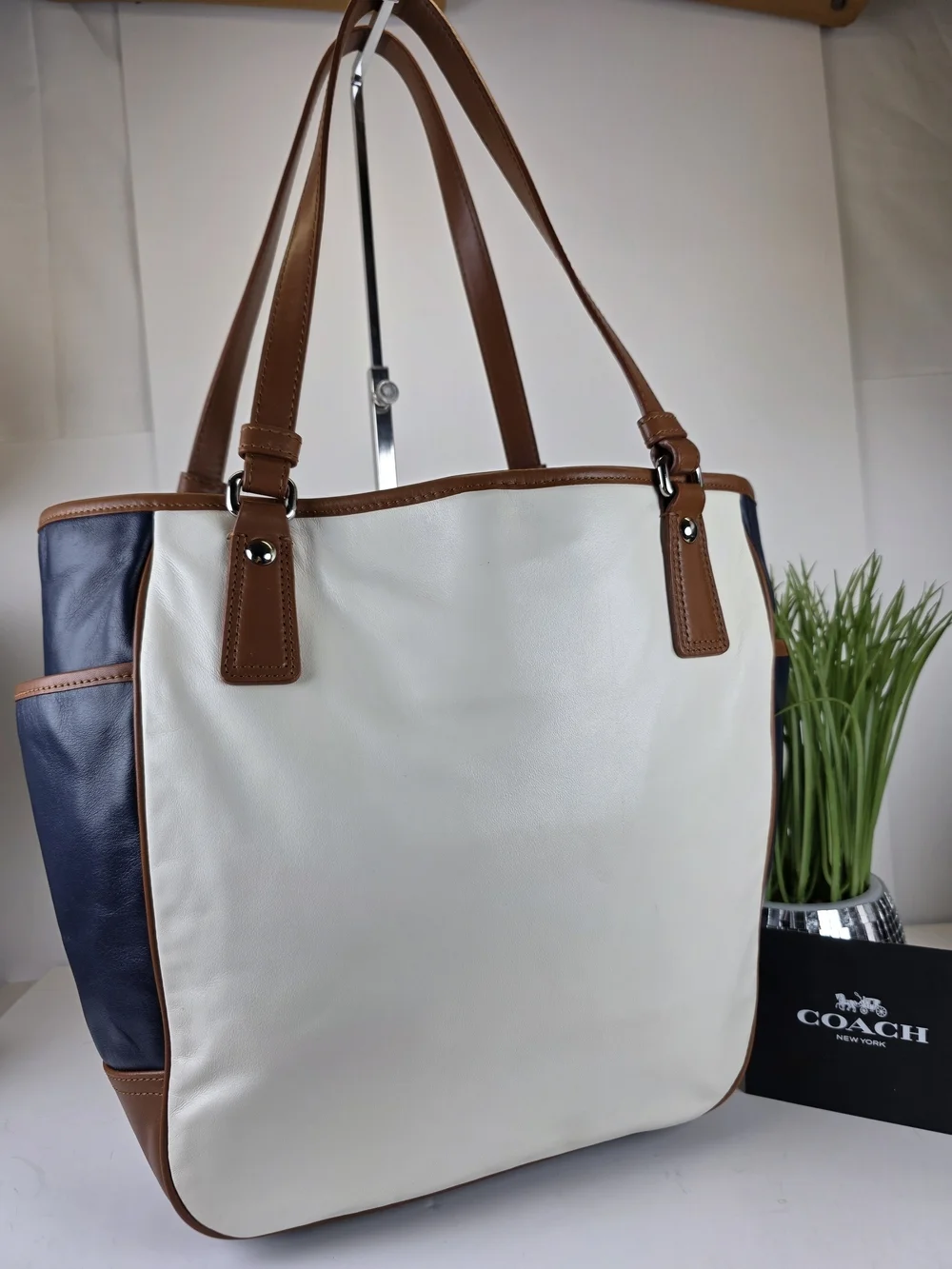 Coach Park Y2K Colorblock White & Navy Leather Tote with Brown Trim Shoulder Bag